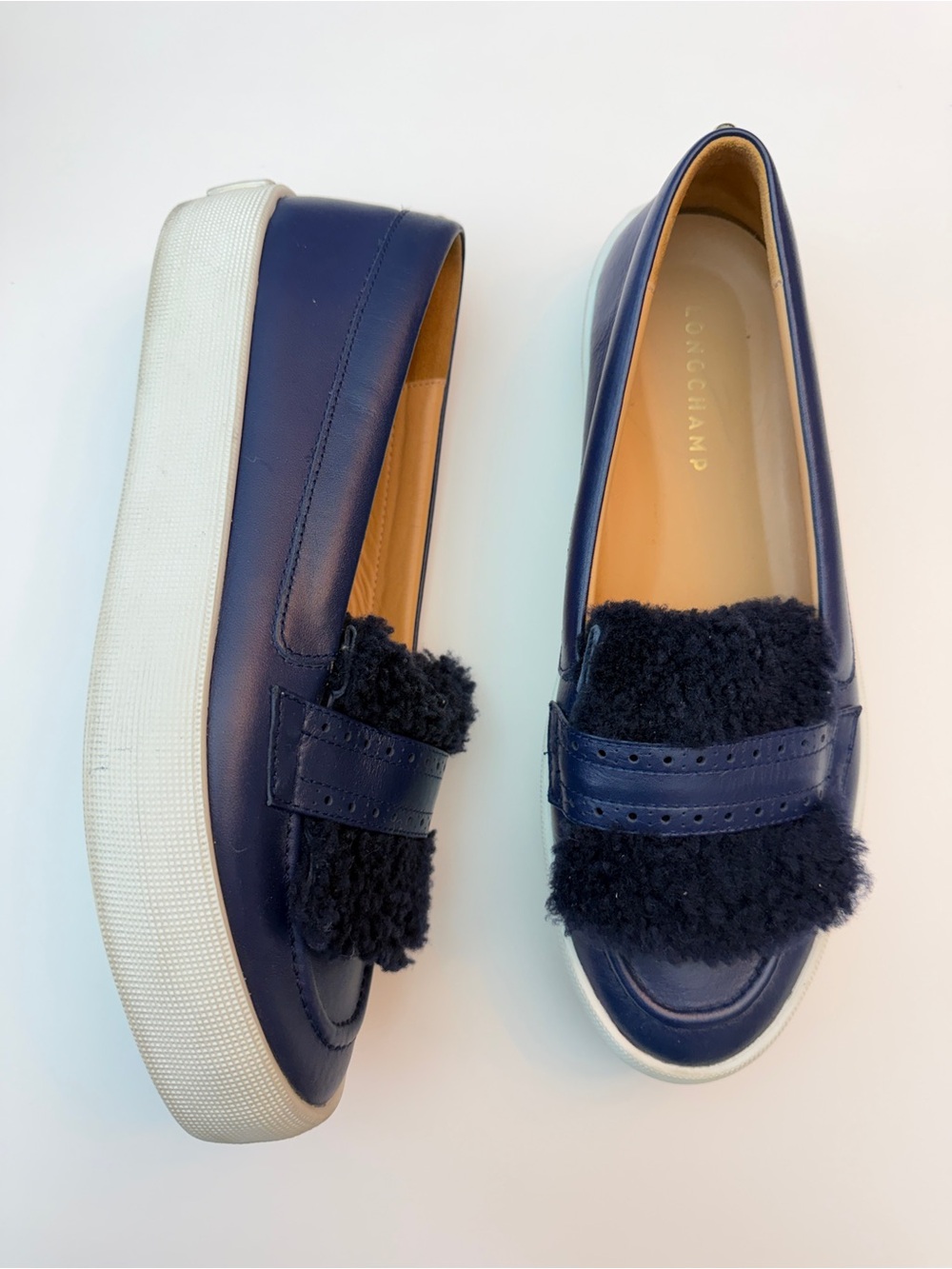 Longchamp Pénélope Platform Shearling Loafers, Size 41/US 9